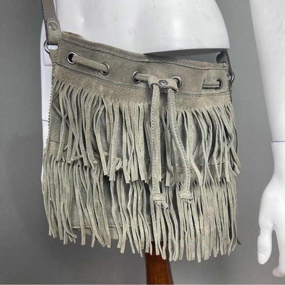 Patricia Nash Bronte Gray Suede Bohemian Drawstring Bucket Bag fringe - Picture 3 of 16